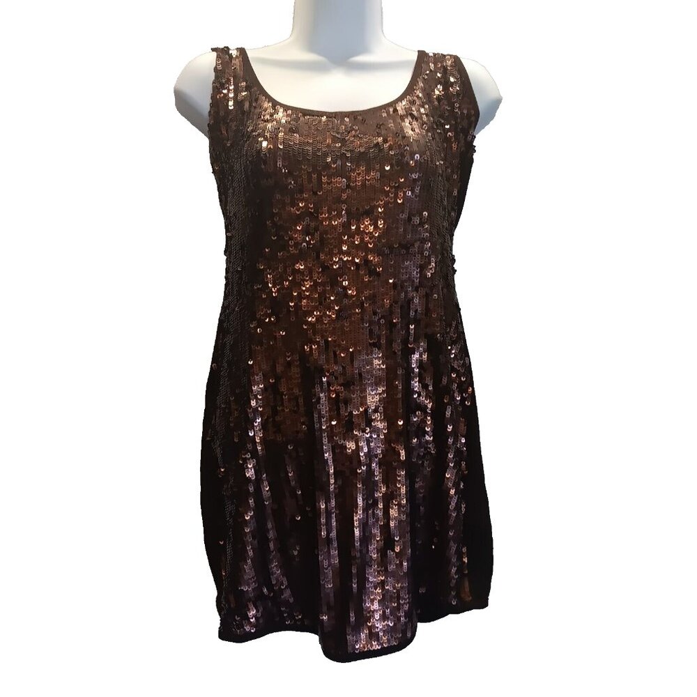 bebe Sleeveless‎ Sequin Short Dress Womans Size Small Color Brown w Sequin Front